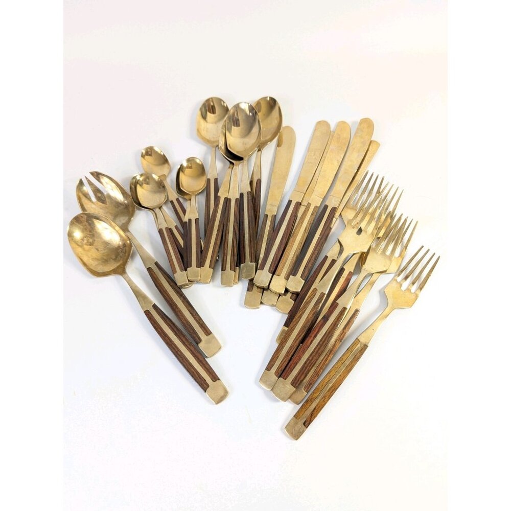 Vintage 1960’s Jean Claude Brass & Rosewood 38PC Cutlery Silverware Set
